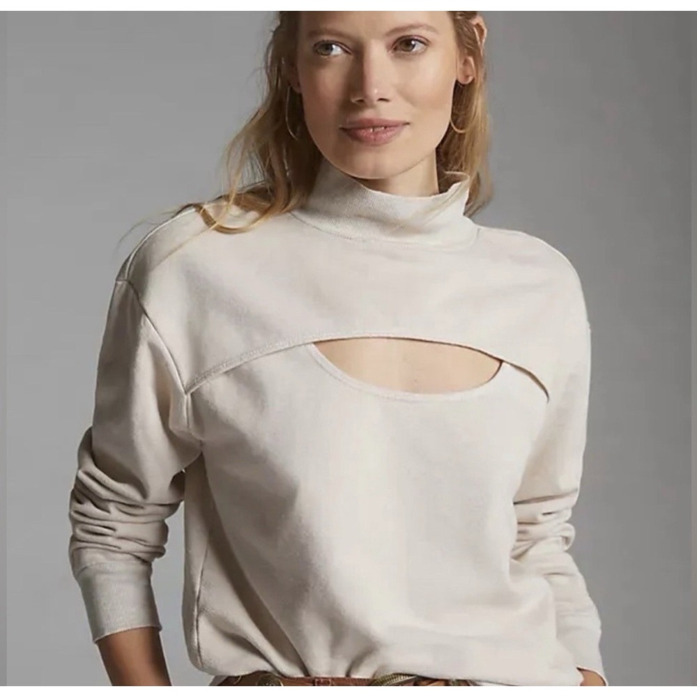 t.la Anthropologie Key Hole‎ Sweater Size Large Beige Tan Mock Neck Cotton Blend